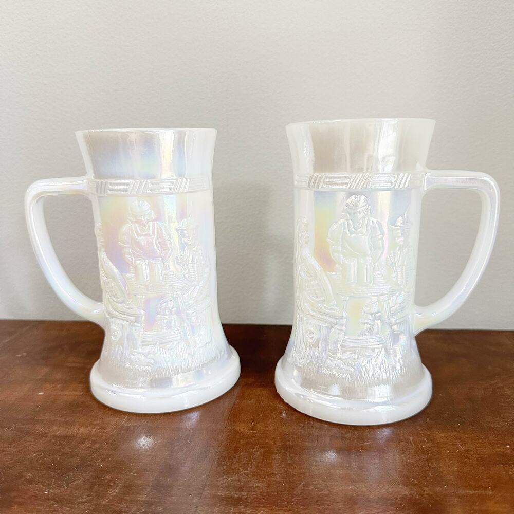 Federal Milk Glass Beer Steins Iridescent Tavern Scene Mugs Set of 2 USA